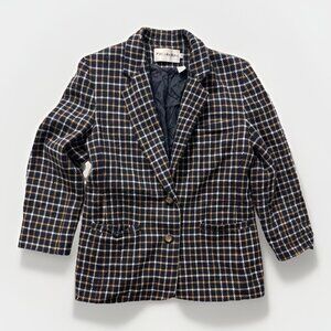 Vintage JH Collectibles 100% Wool Blazer Jacket Women’s 14 USA Button Plaid Navy